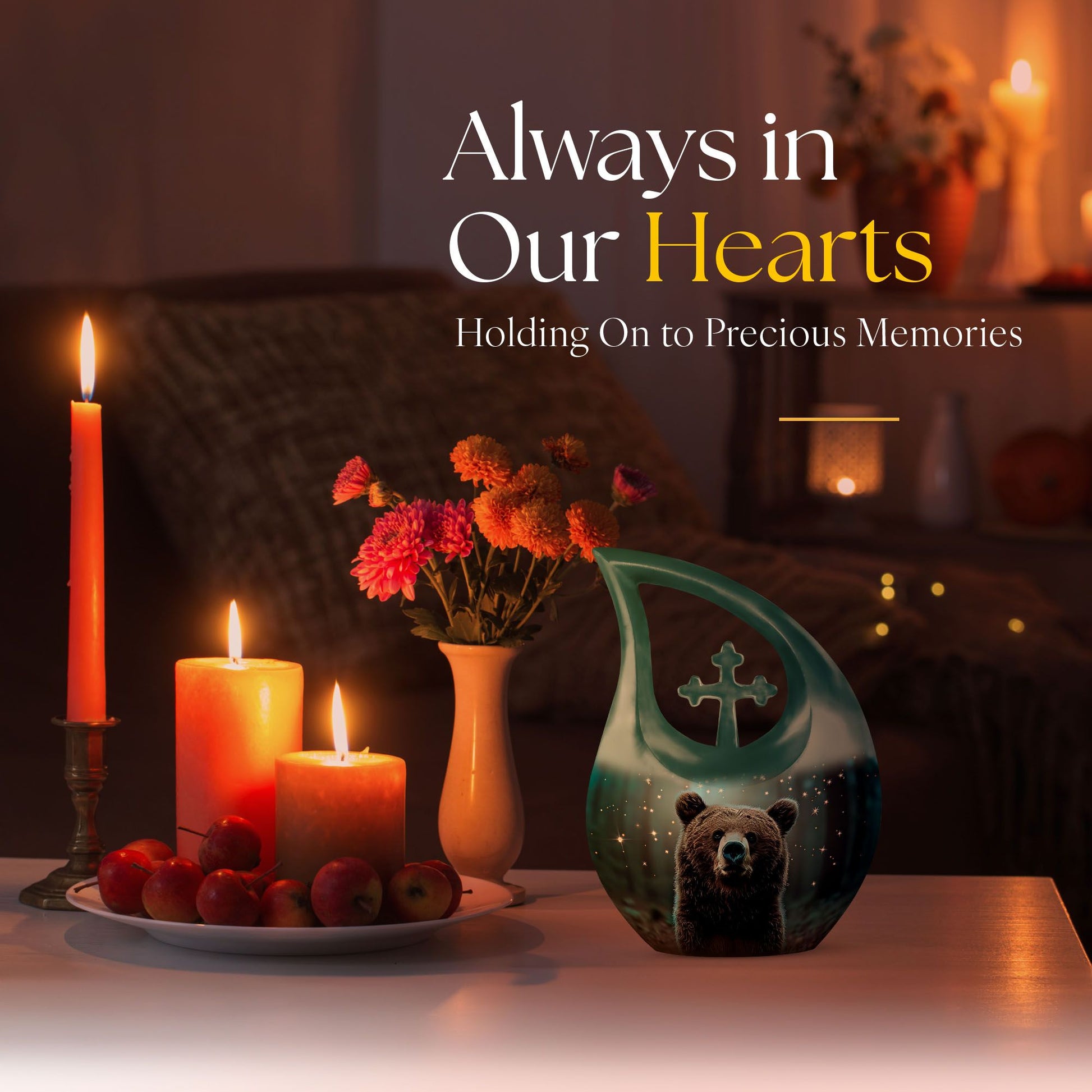 Bear-themed cross drop design urn