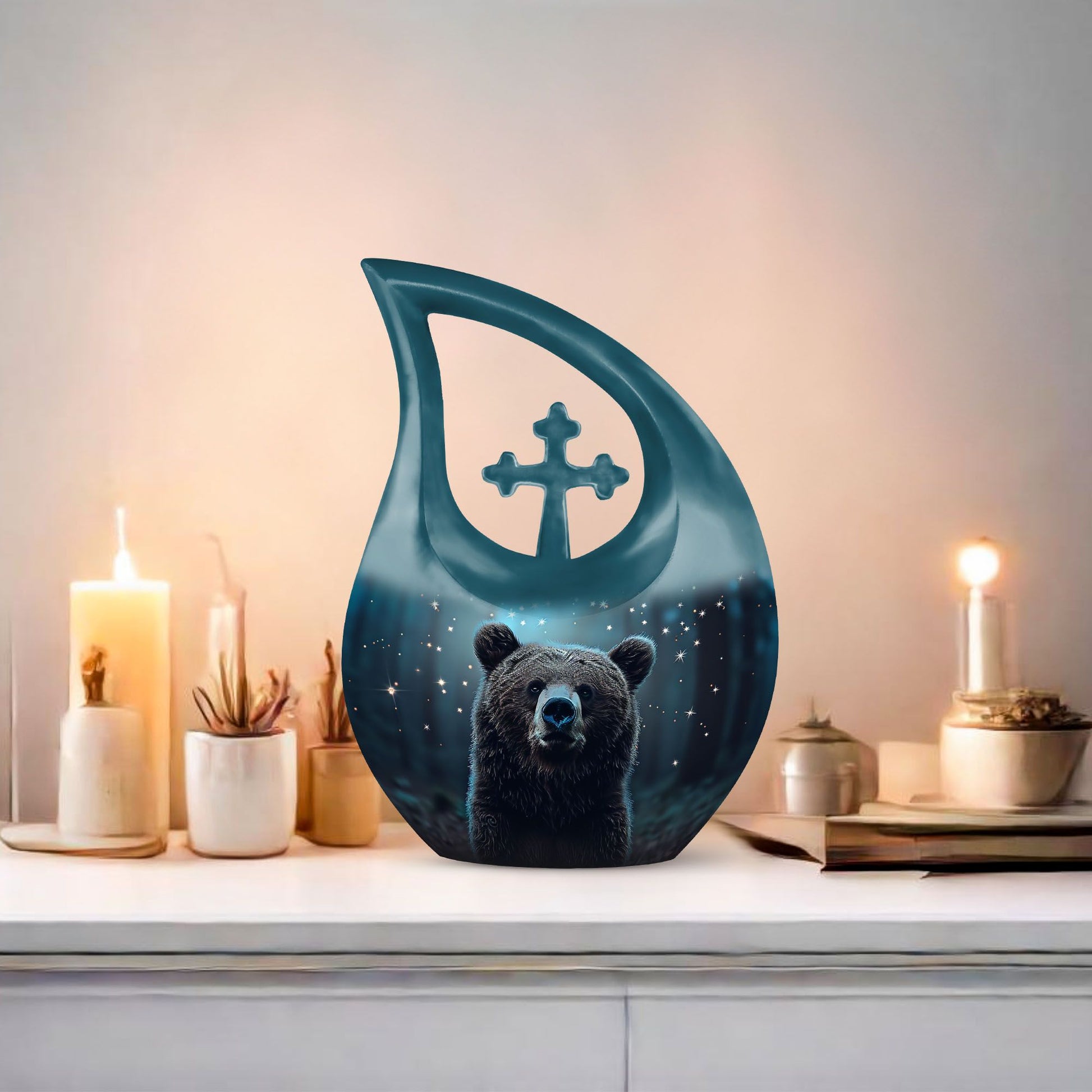 Bear-themed cross drop design urn