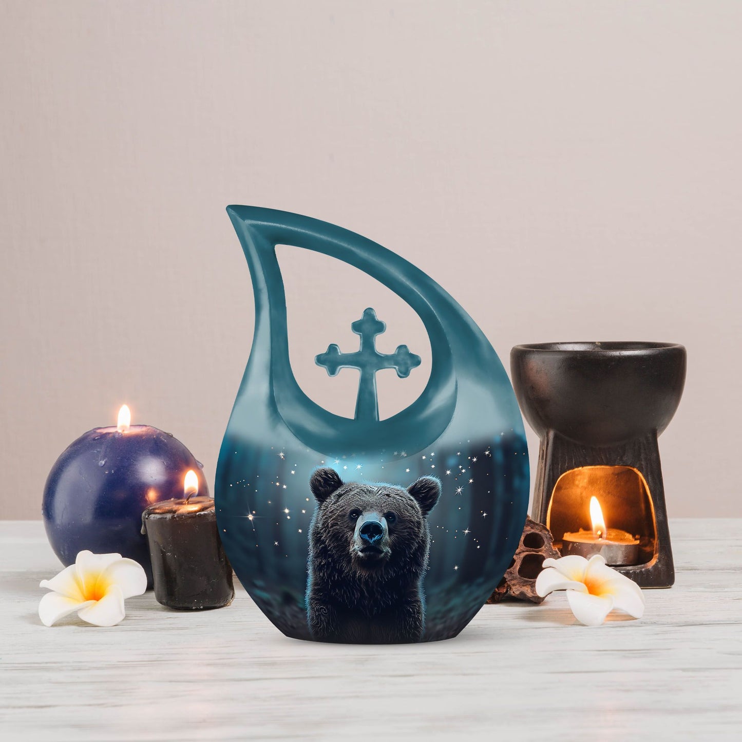 Bear-themed cross drop design urn
