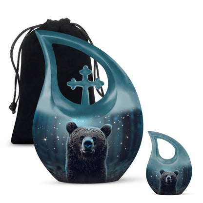 Bear-themed cross drop design urn