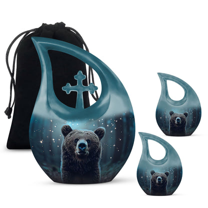 Bear-themed cross drop design urn