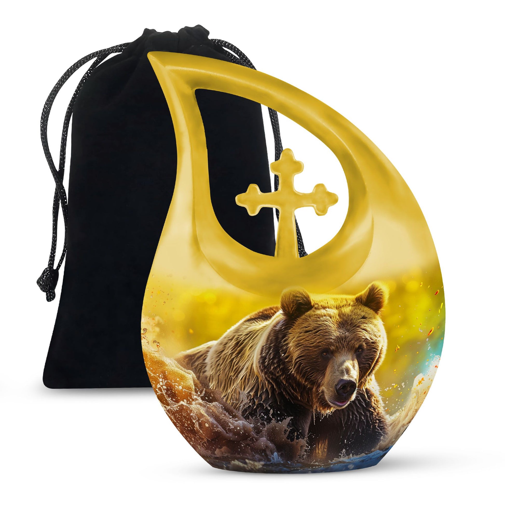 Affordable 10-inch bear themed cross drop memorial urn, 