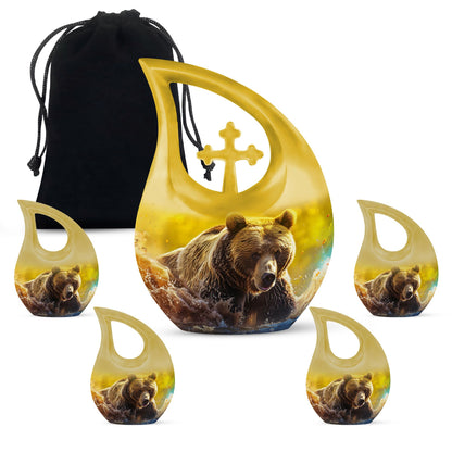 Affordable 10-inch bear themed cross drop memorial urn, 