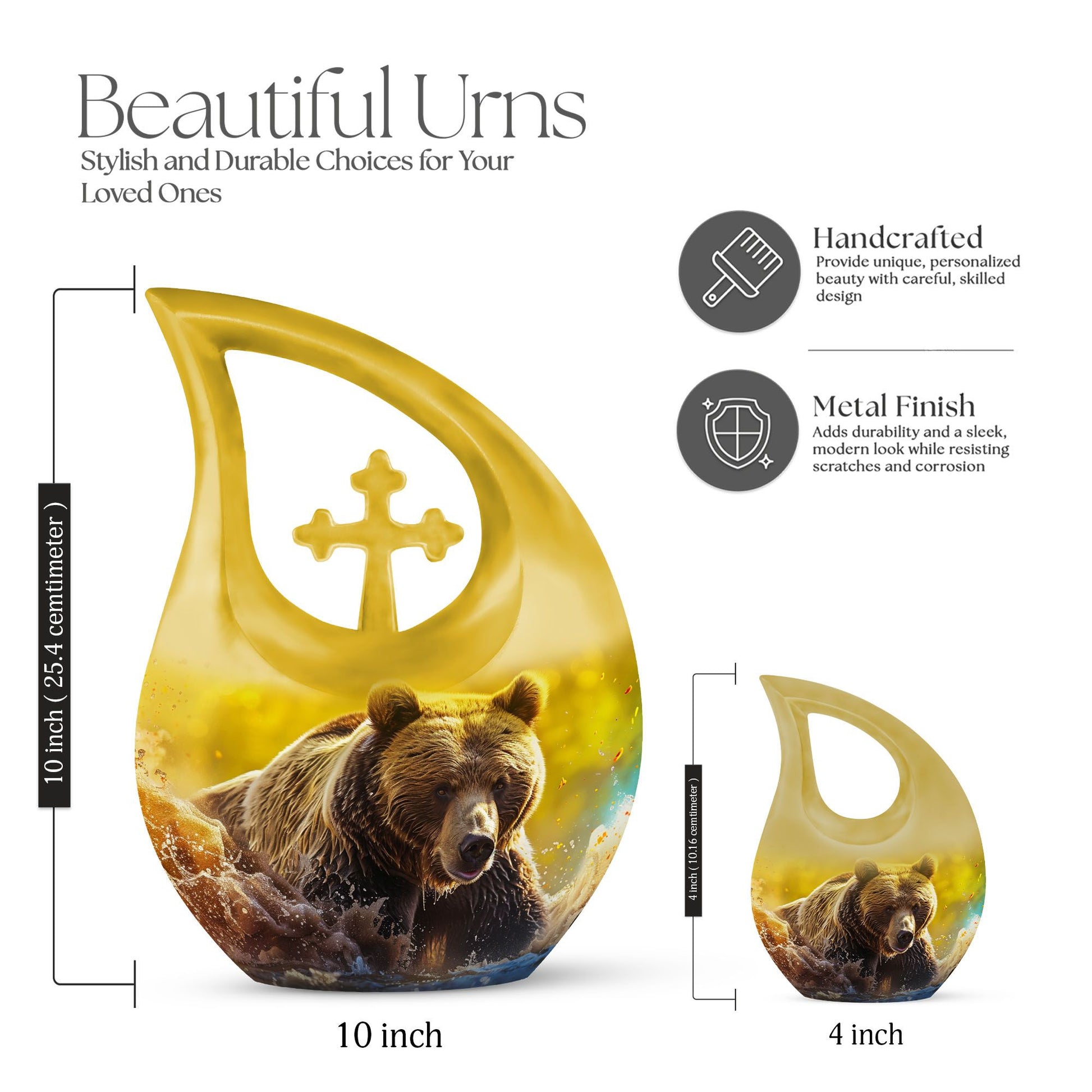 Affordable 10-inch bear themed cross drop memorial urn, 