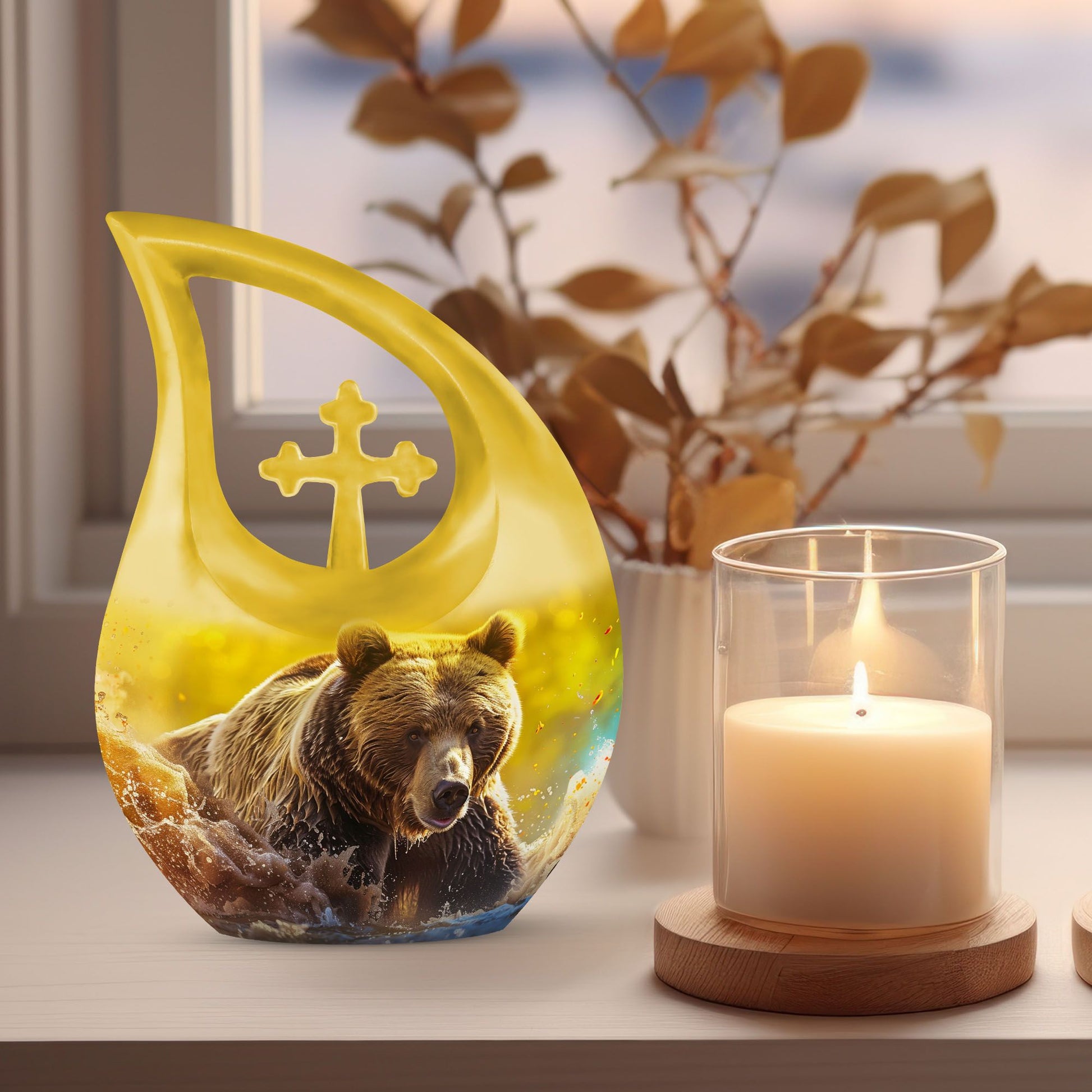 Affordable 10-inch bear themed cross drop memorial urn, 