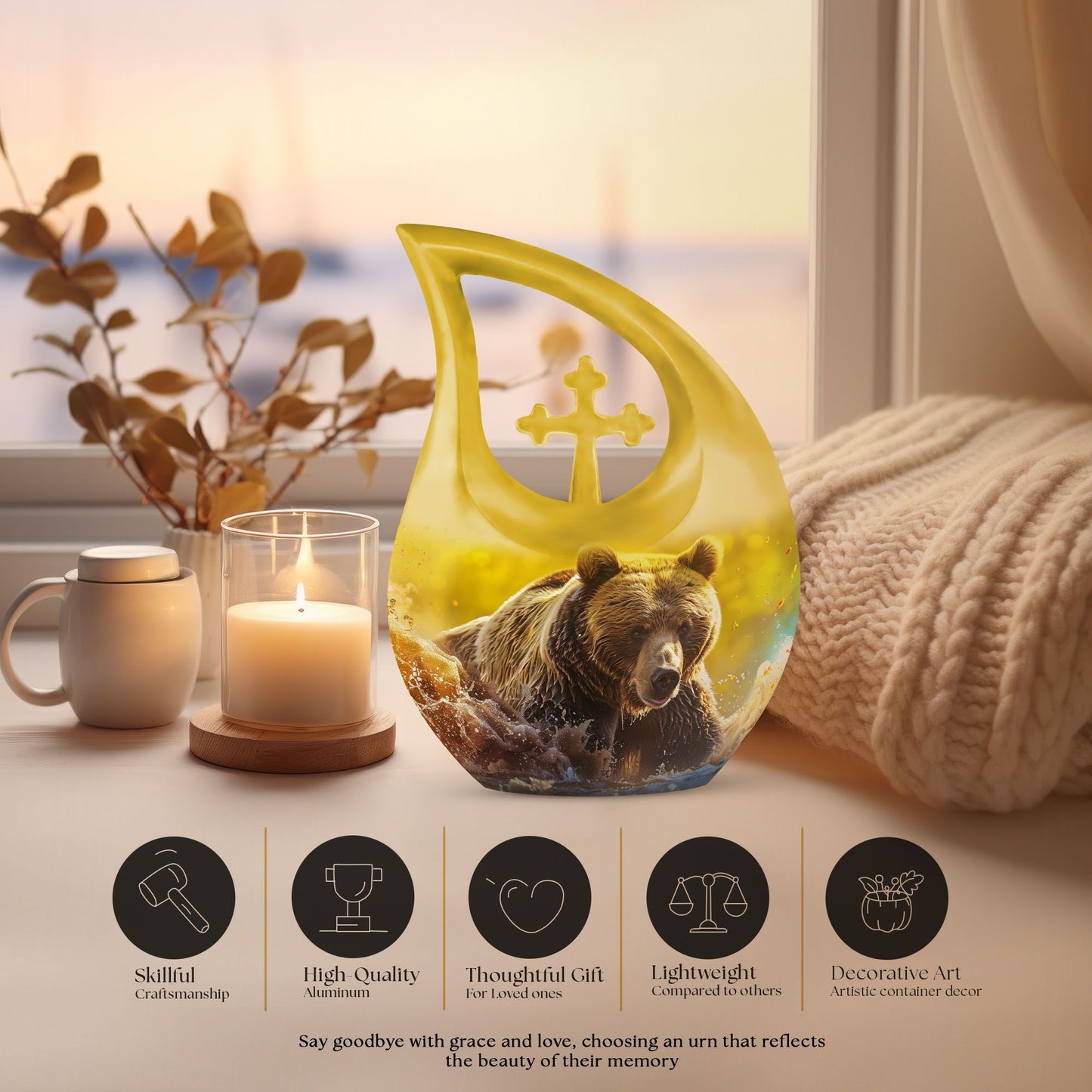 Affordable 10-inch bear themed cross drop memorial urn, 