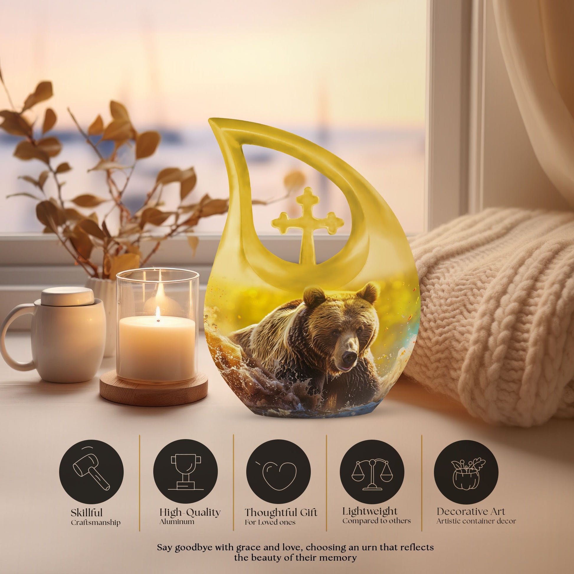 Affordable 10-inch bear themed cross drop memorial urn, 