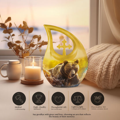 Affordable 10-inch bear themed cross drop memorial urn, 