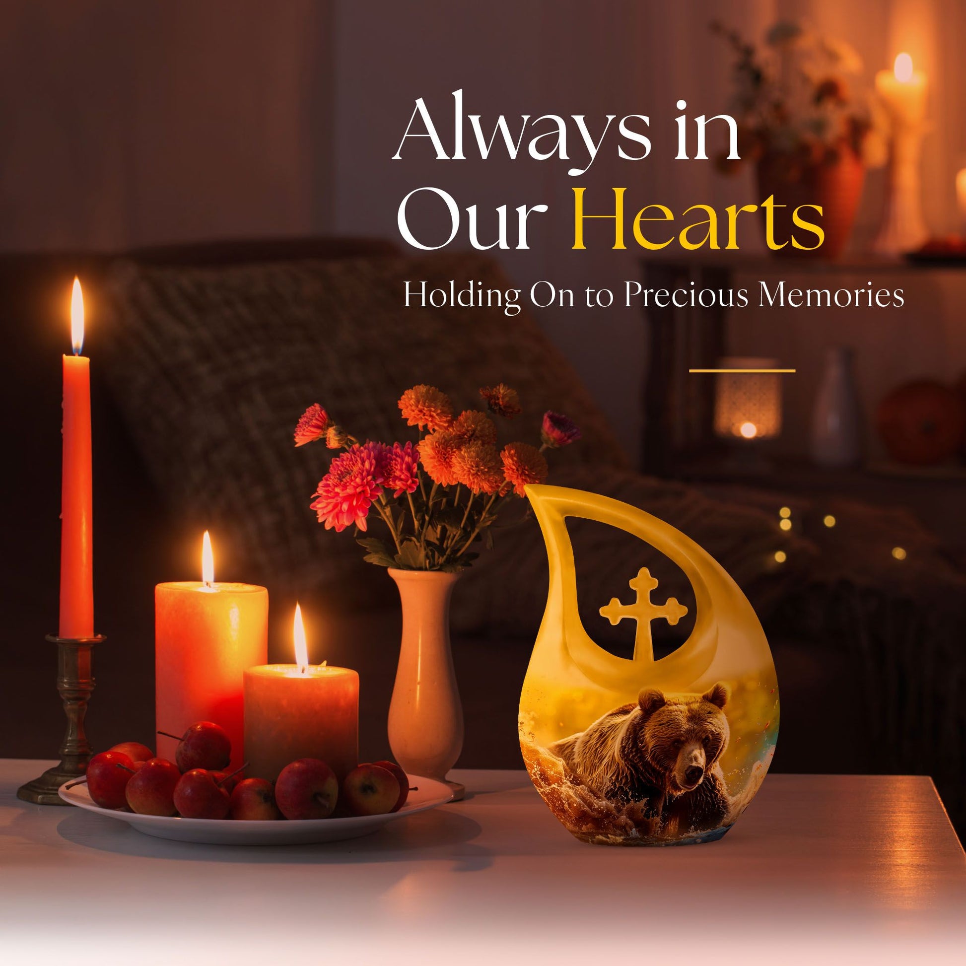 Affordable 10-inch bear themed cross drop memorial urn, 