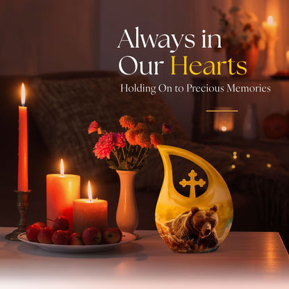Affordable 10-inch bear themed cross drop memorial urn, 