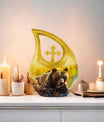 Affordable 10-inch bear themed cross drop memorial urn, 