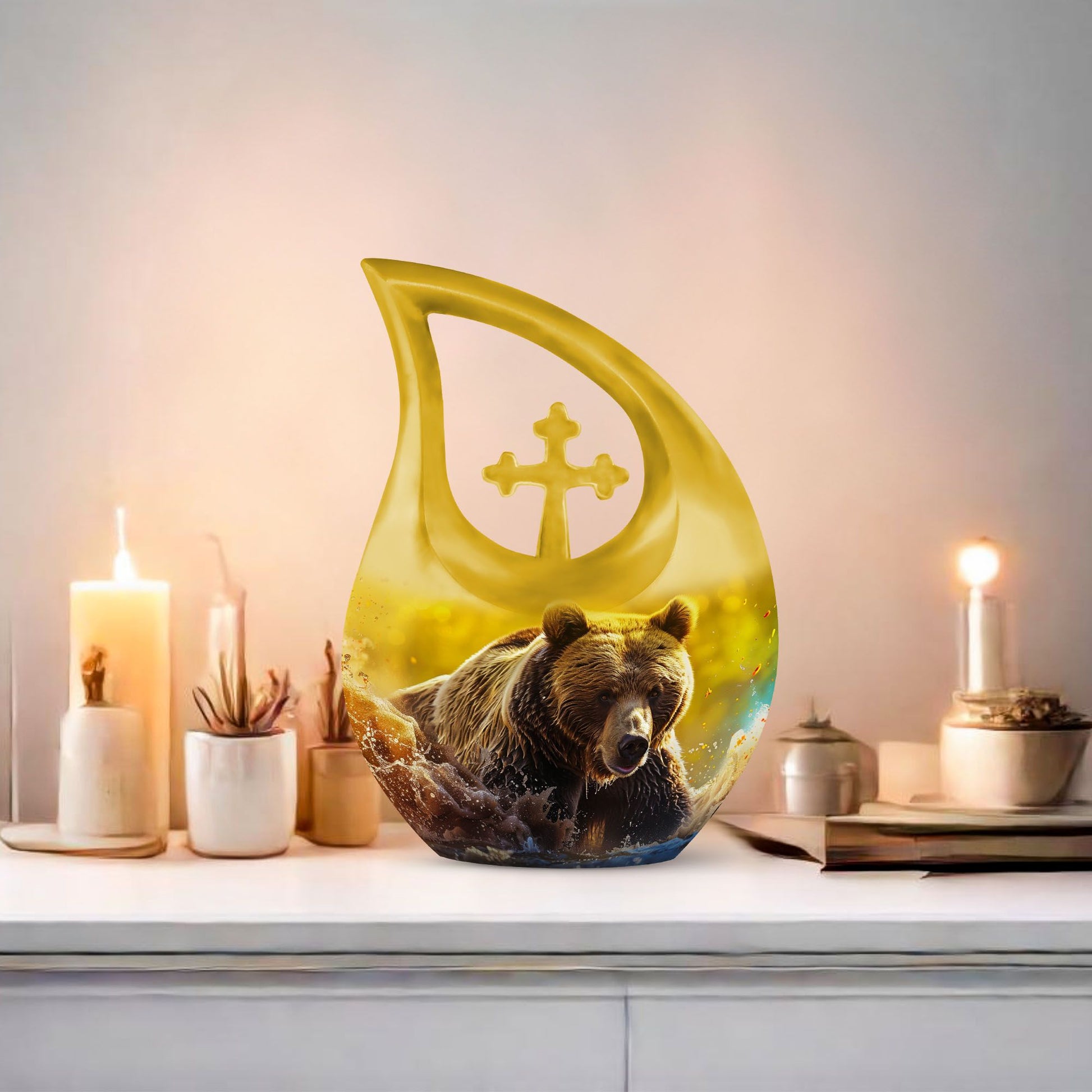 Affordable 10-inch bear themed cross drop memorial urn, 