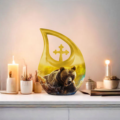 Affordable 10-inch bear themed cross drop memorial urn, 