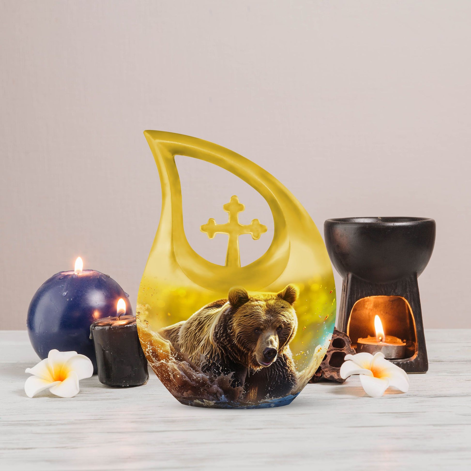 Affordable 10-inch bear themed cross drop memorial urn, 