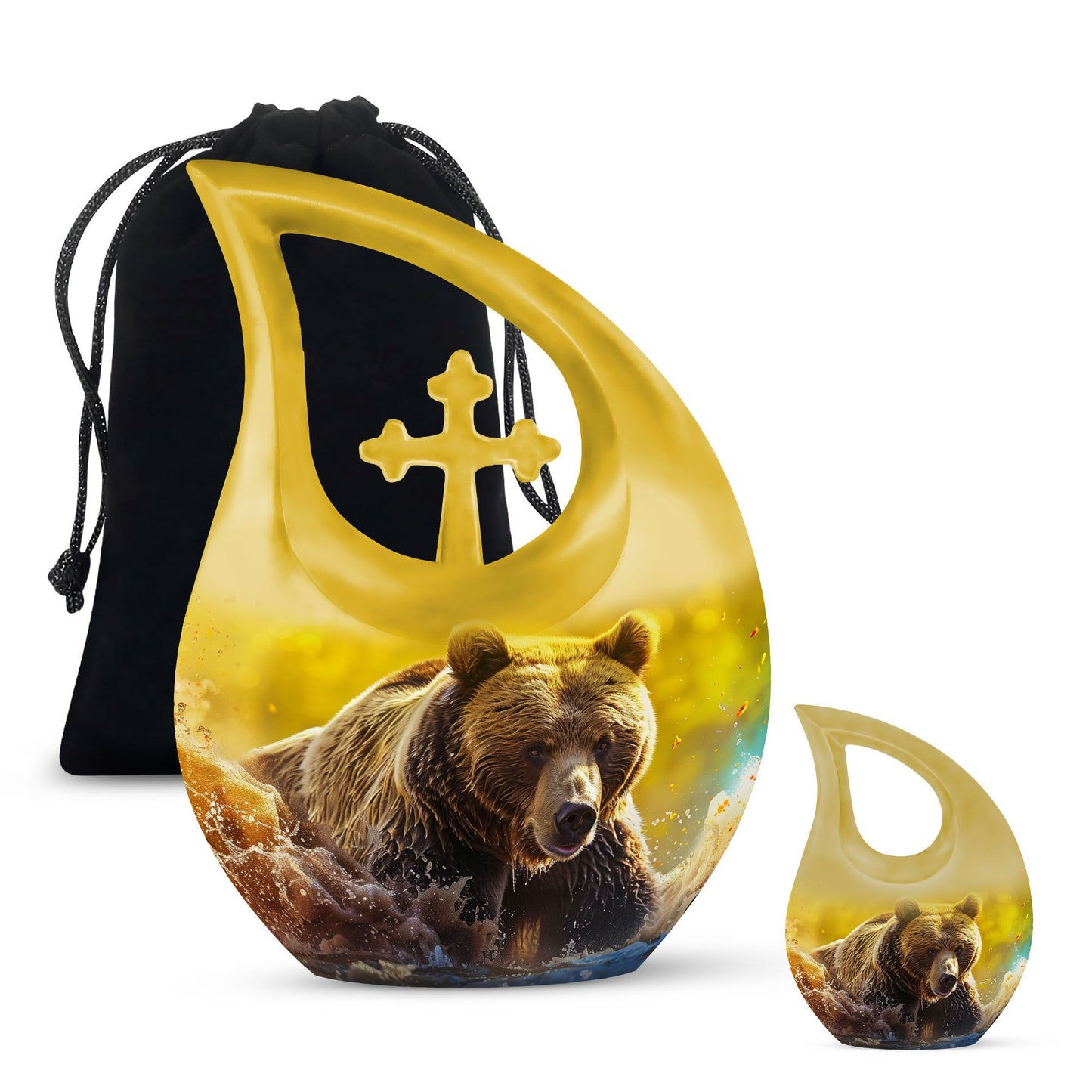 Affordable 10-inch bear themed cross drop memorial urn, 