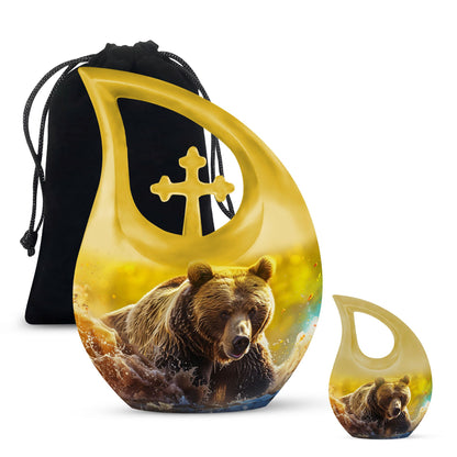 Affordable 10-inch bear themed cross drop memorial urn, 