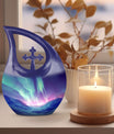 Northern Lights themed Cross Drop design urn