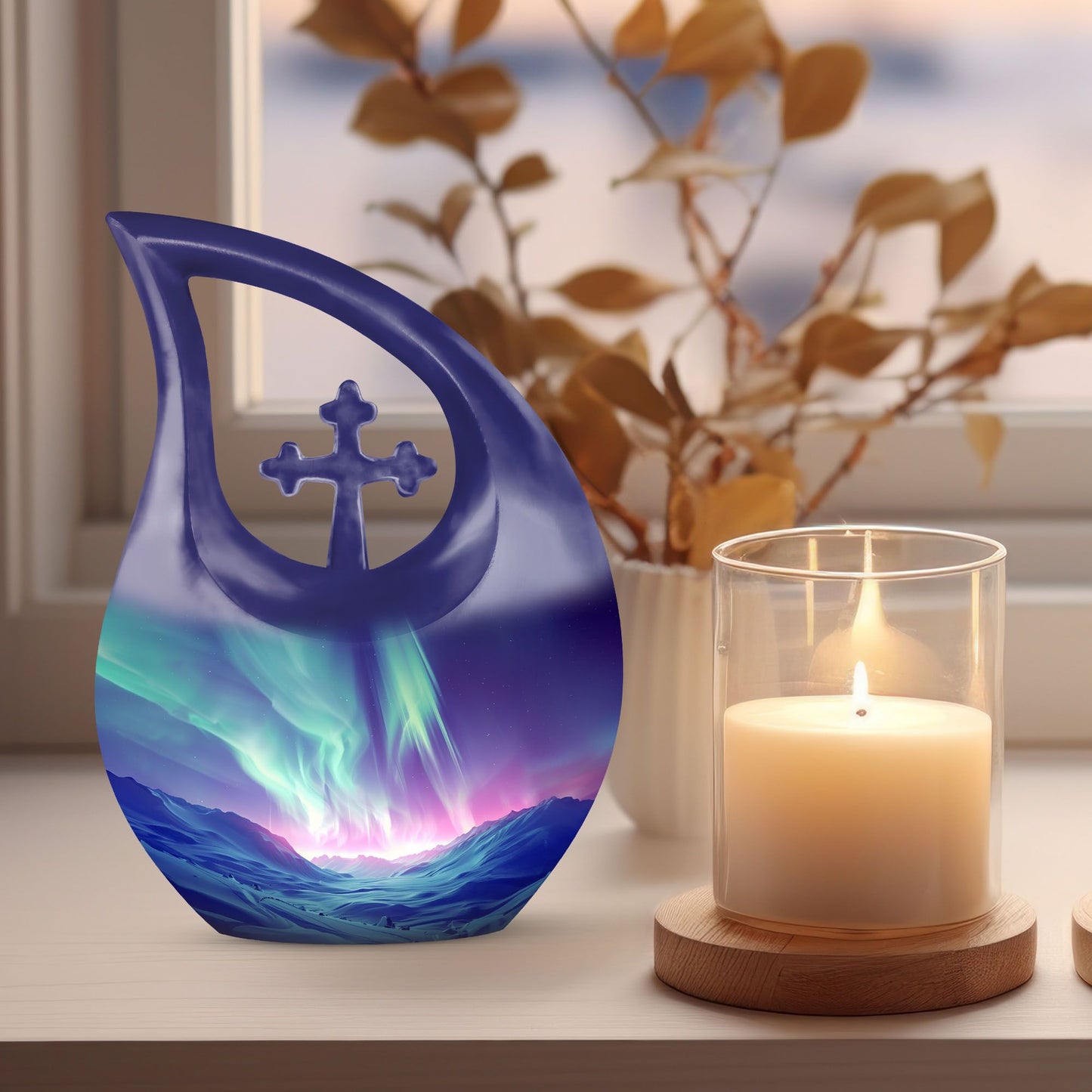Northern Lights themed Cross Drop design urn