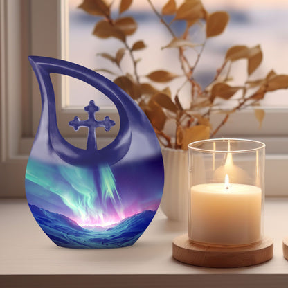 Northern Lights themed Cross Drop design urn