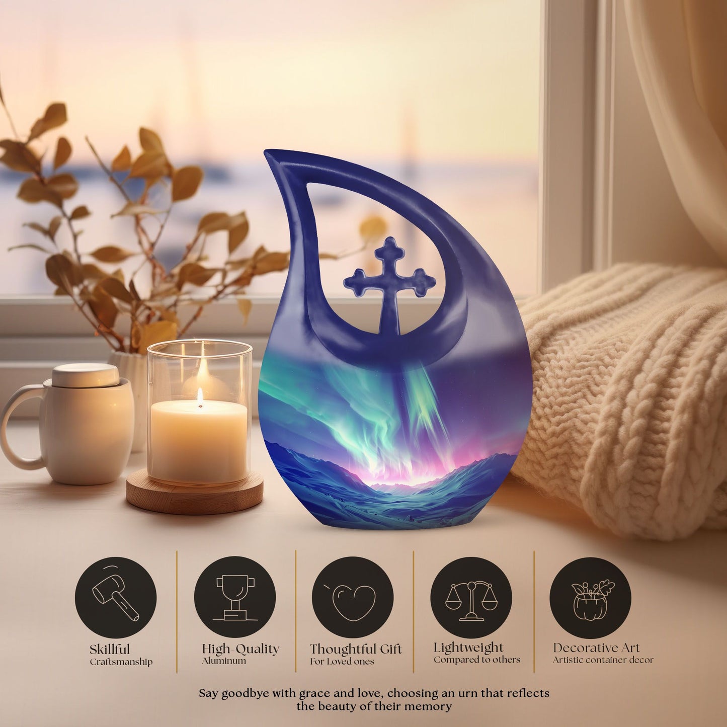 Northern Lights themed Cross Drop design urn