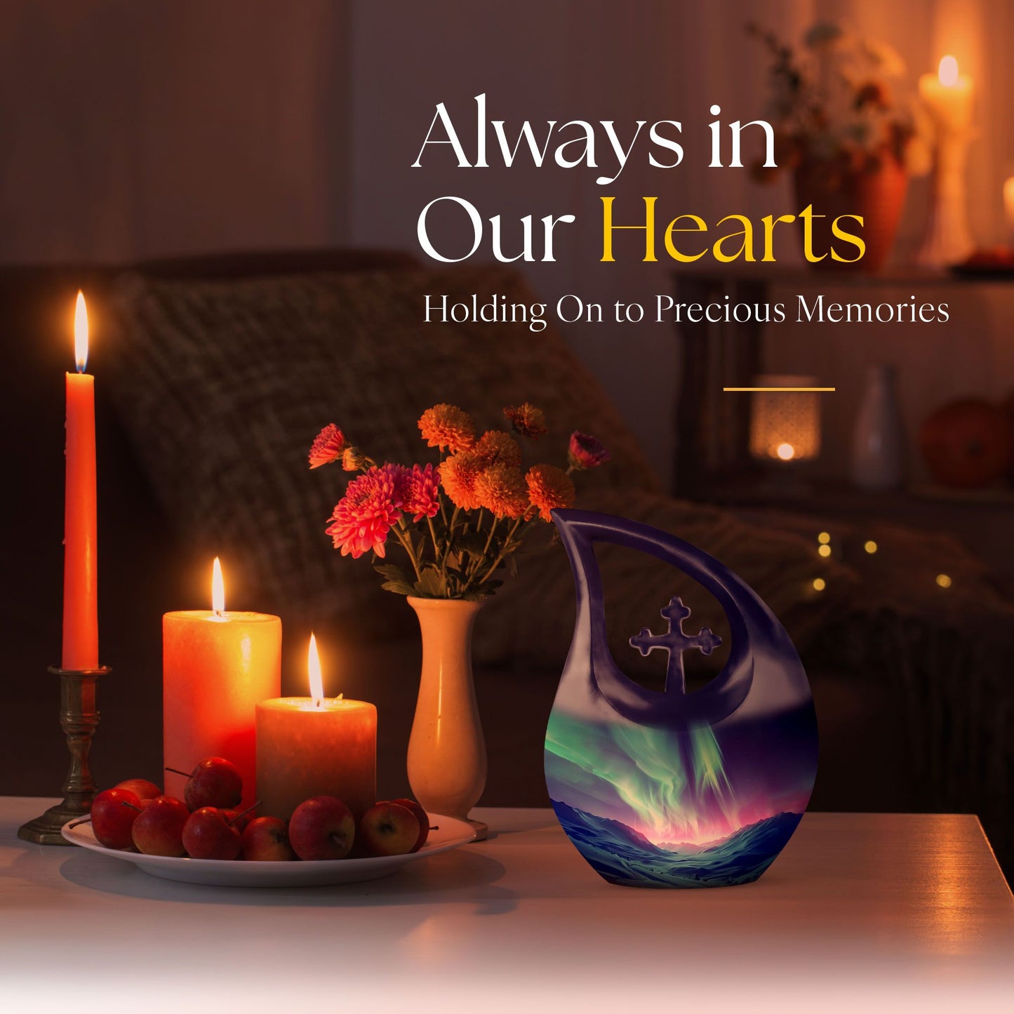 Northern Lights themed Cross Drop design urn