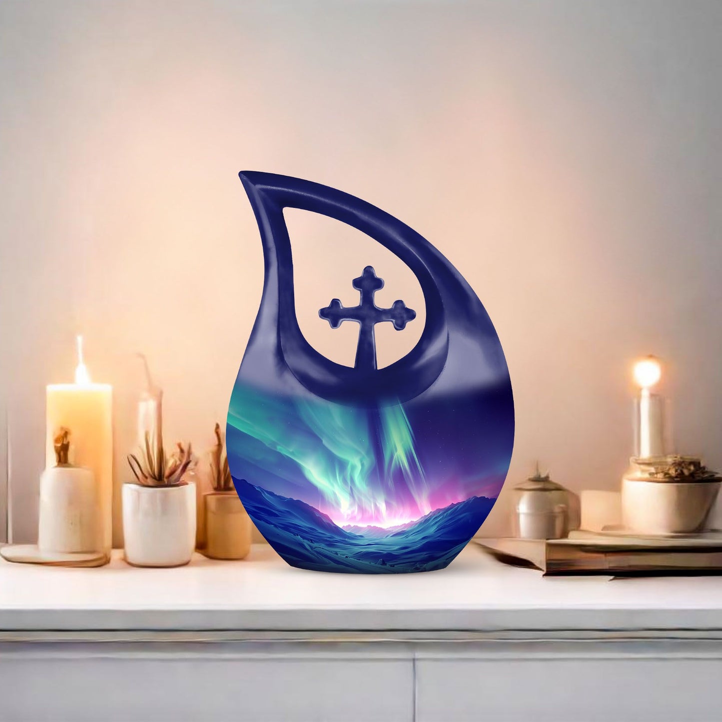 Northern Lights themed Cross Drop design urn