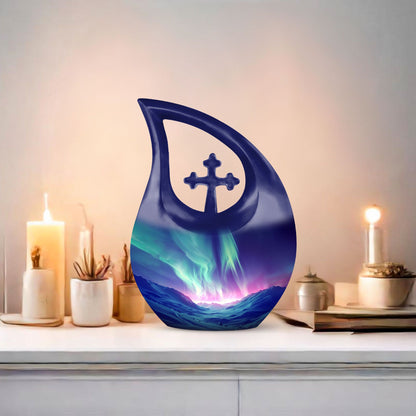 Northern Lights themed Cross Drop design urn