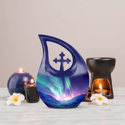 Northern Lights themed Cross Drop design urn
