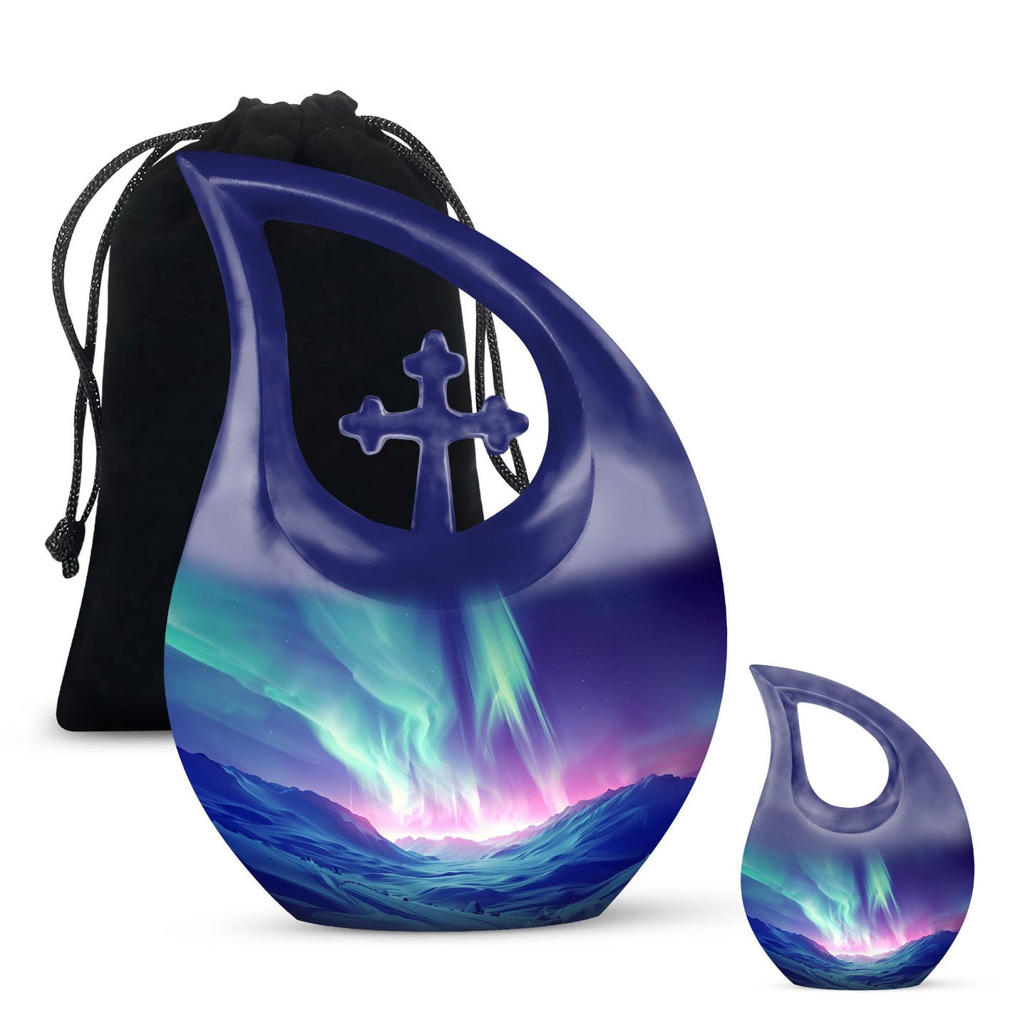Northern Lights themed Cross Drop design urn