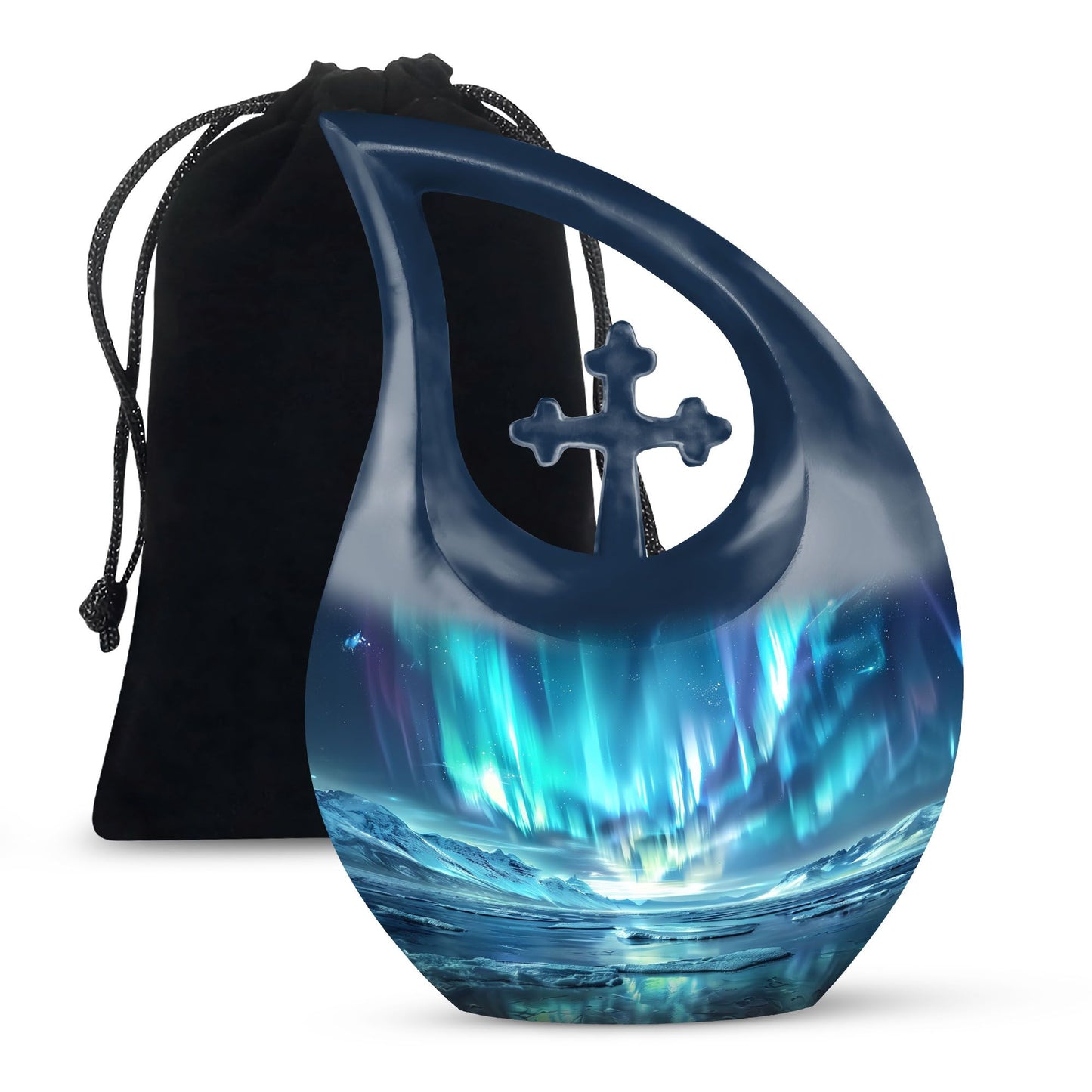 10 Inch Northern Lights small urn with cross drop design for ashes, aluminum made