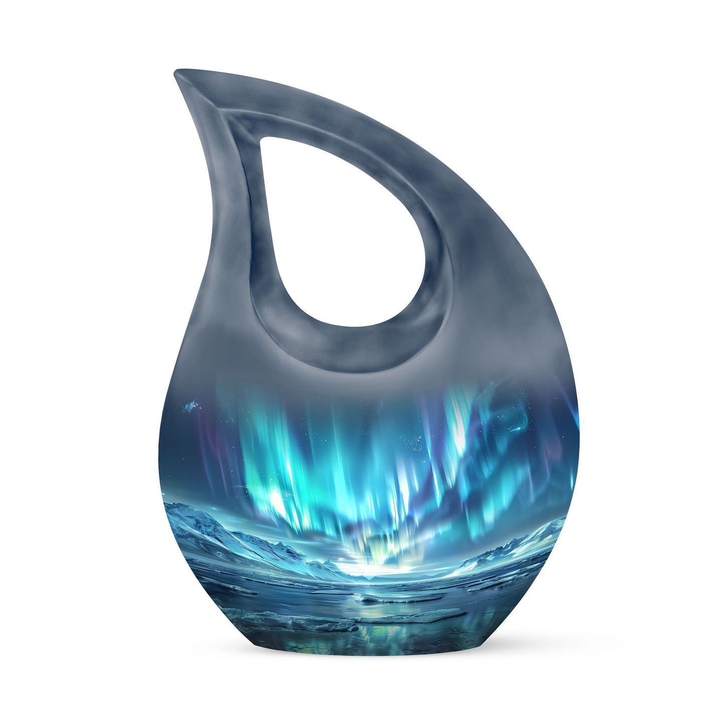 10 Inch Northern Lights small urn with cross drop design for ashes, aluminum made