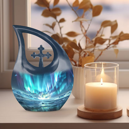 10 Inch Northern Lights small urn with cross drop design for ashes, aluminum made