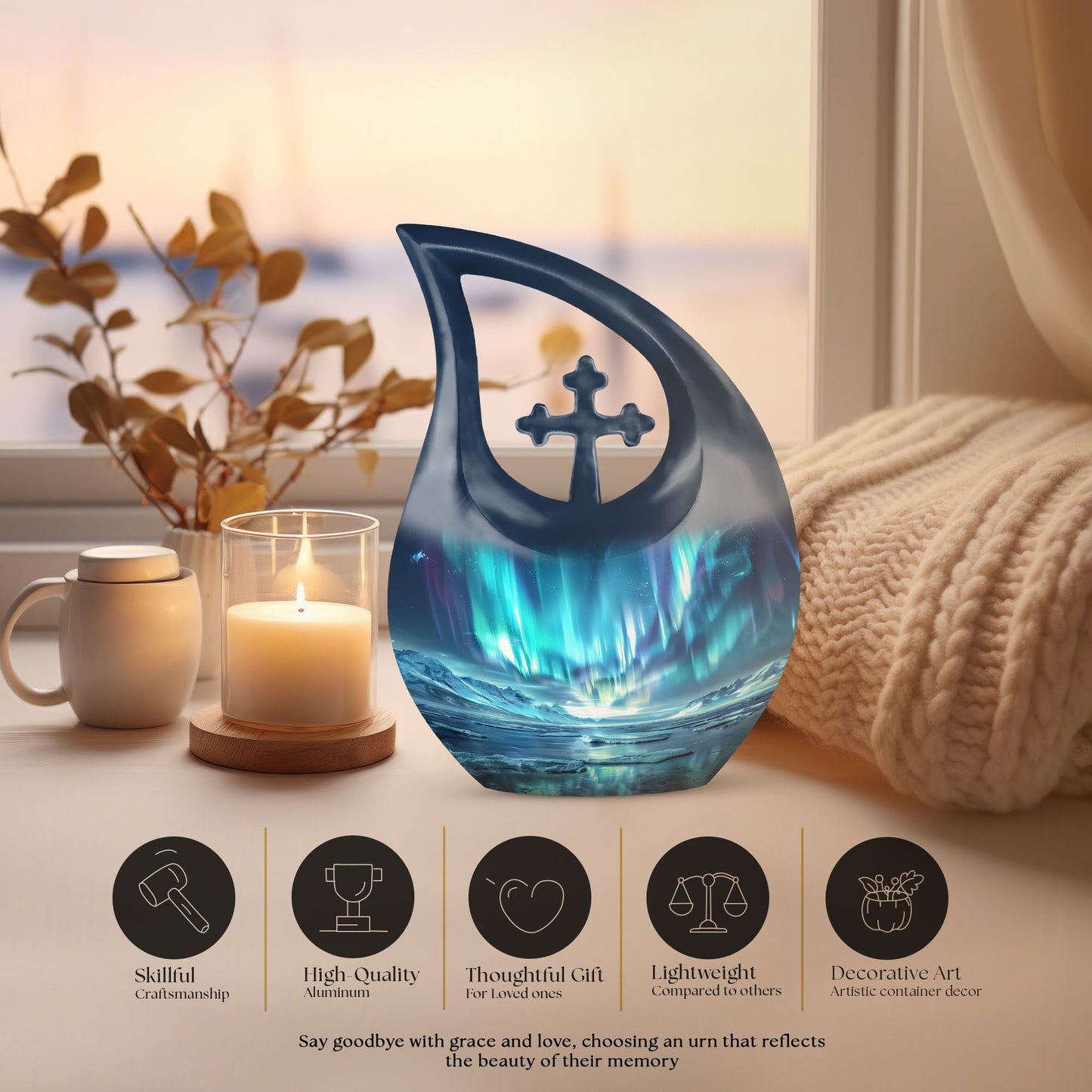 10 Inch Northern Lights small urn with cross drop design for ashes, aluminum made