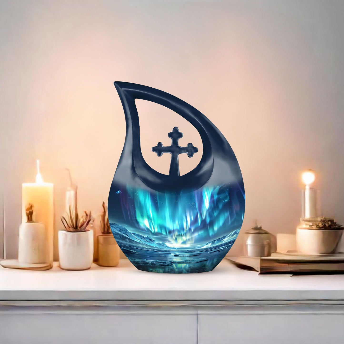 10 Inch Northern Lights small urn with cross drop design for ashes, aluminum made