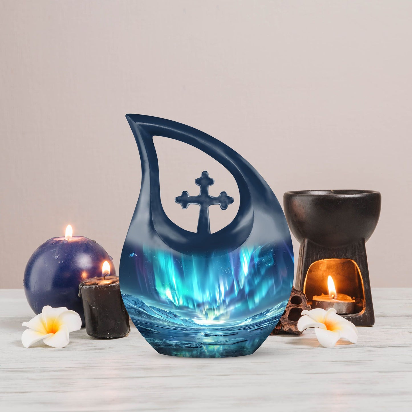 10 Inch Northern Lights small urn with cross drop design for ashes, aluminum made