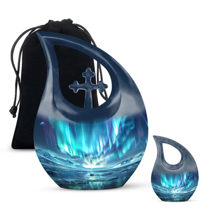 10 Inch Northern Lights small urn with cross drop design for ashes, aluminum made