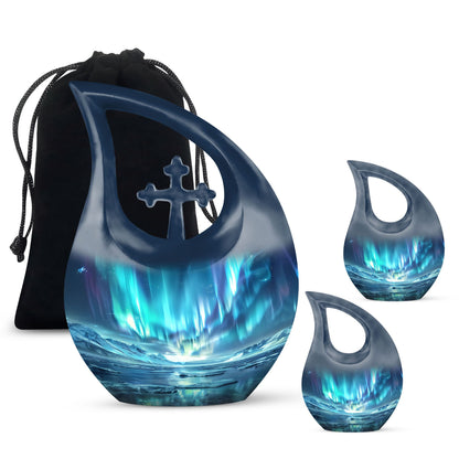 10 Inch Northern Lights small urn with cross drop design for ashes, aluminum made