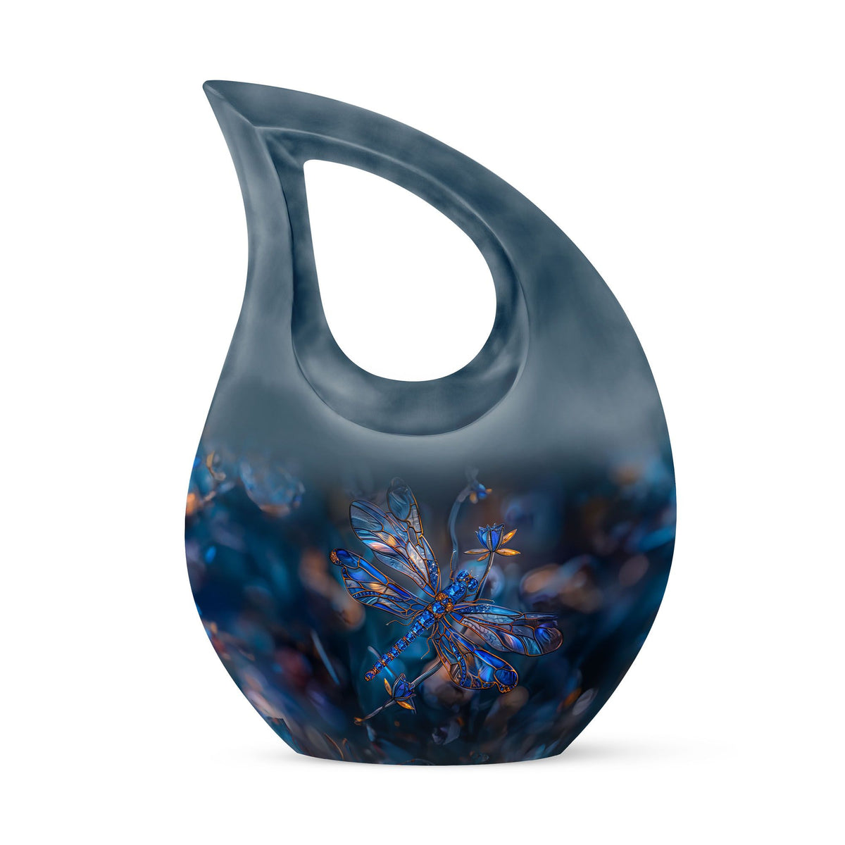 Dragonfly Urn for Ashes, Detailed Blue Orange Among Blurred Foliage, Dark Blue Urn