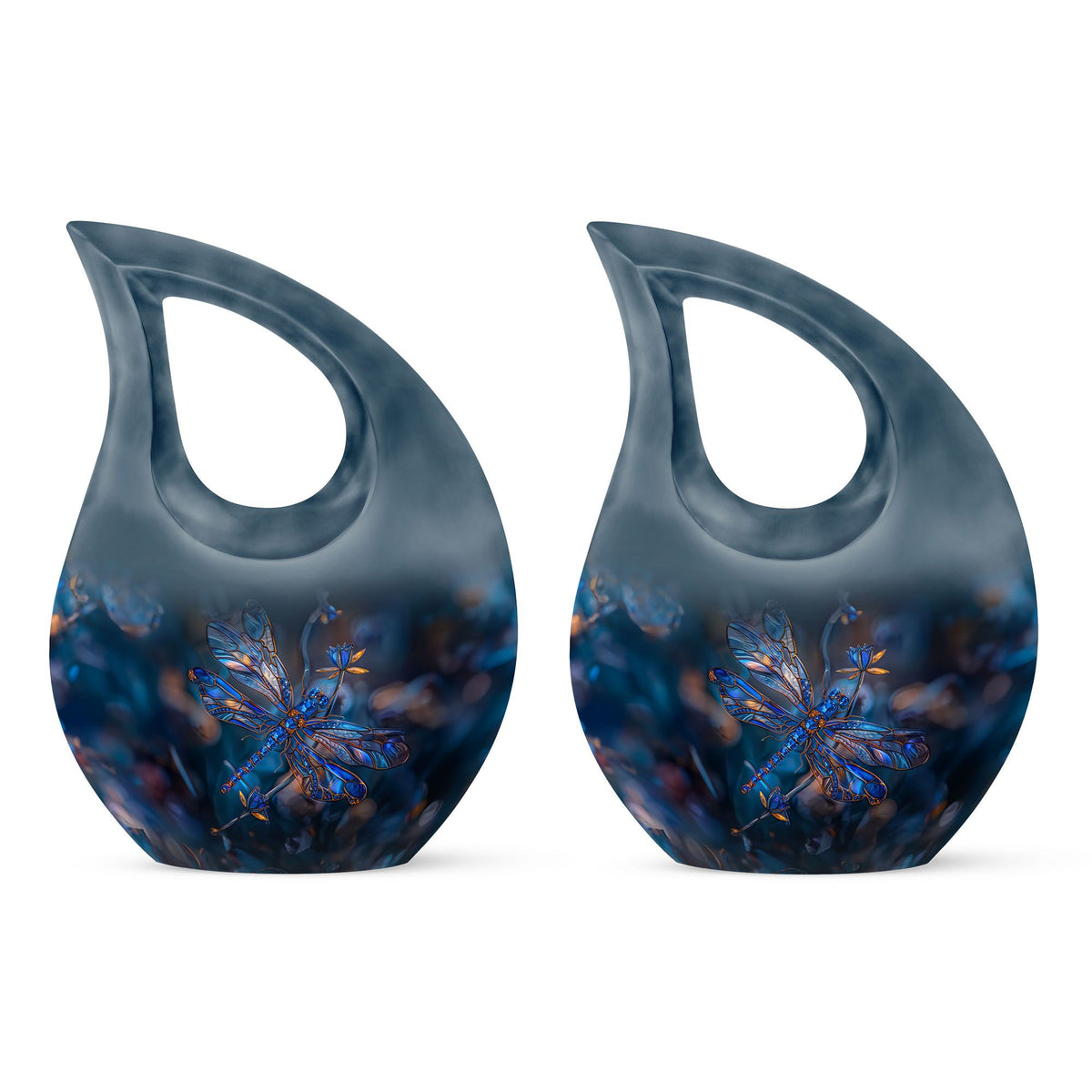 Dragonfly Urn for Ashes, Detailed Blue Orange Among Blurred Foliage, Dark Blue Urn