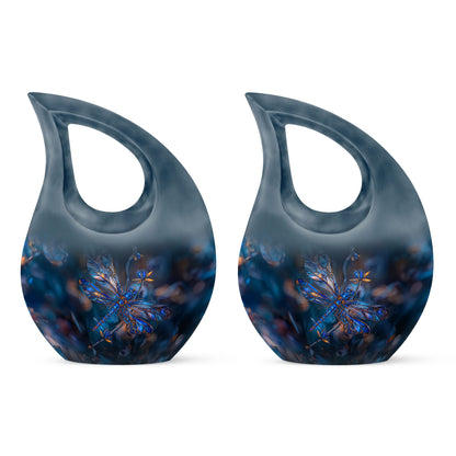 Dragonfly Urn for Ashes, Detailed Blue Orange Among Blurred Foliage, Dark Blue Urn