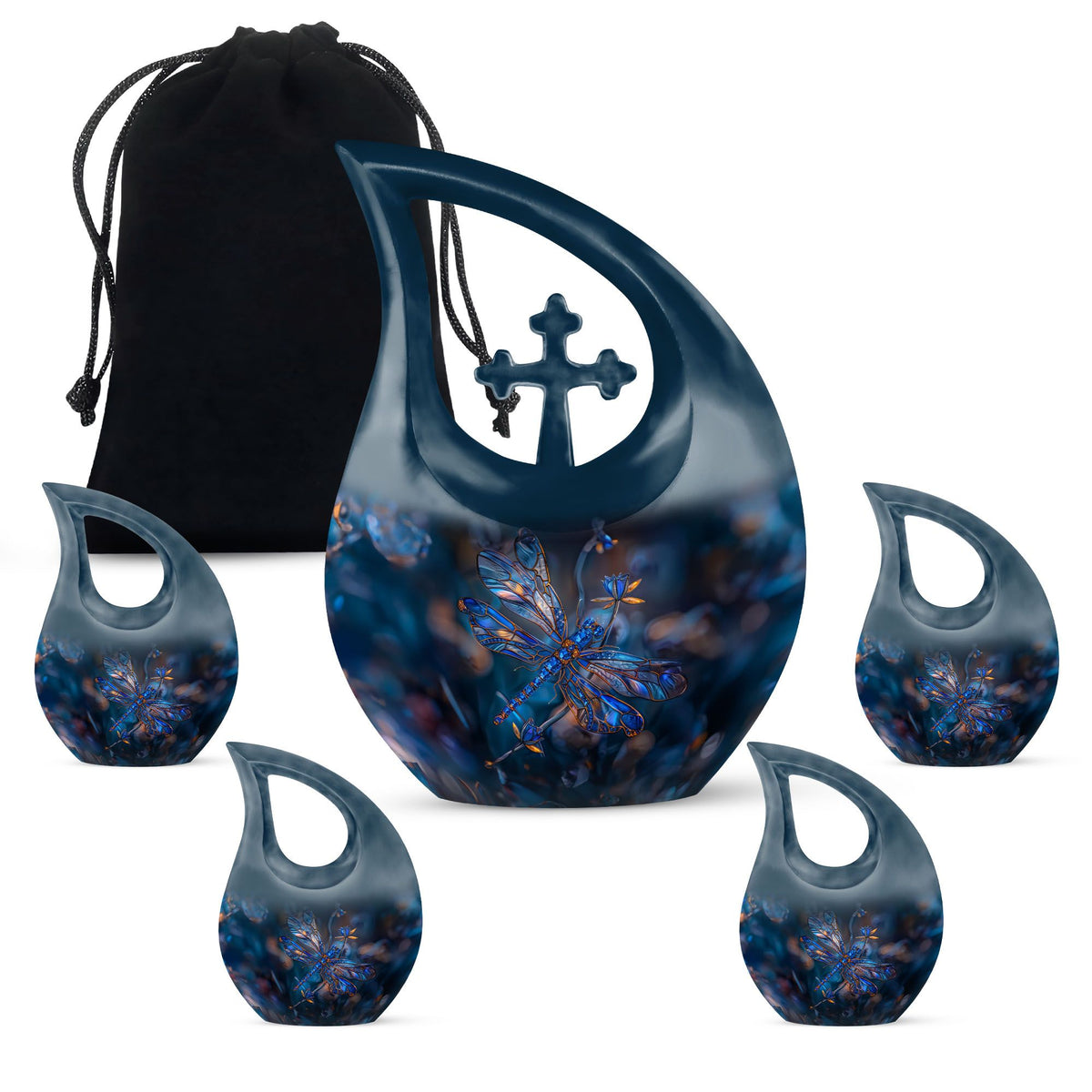 Dragonfly Urn for Ashes, Detailed Blue Orange Among Blurred Foliage, Dark Blue Urn