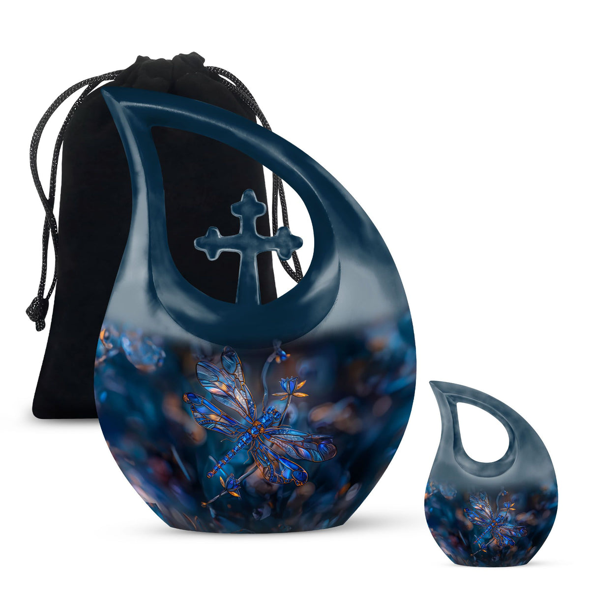 Dragonfly Urn for Ashes, Detailed Blue Orange Among Blurred Foliage, Dark Blue Urn