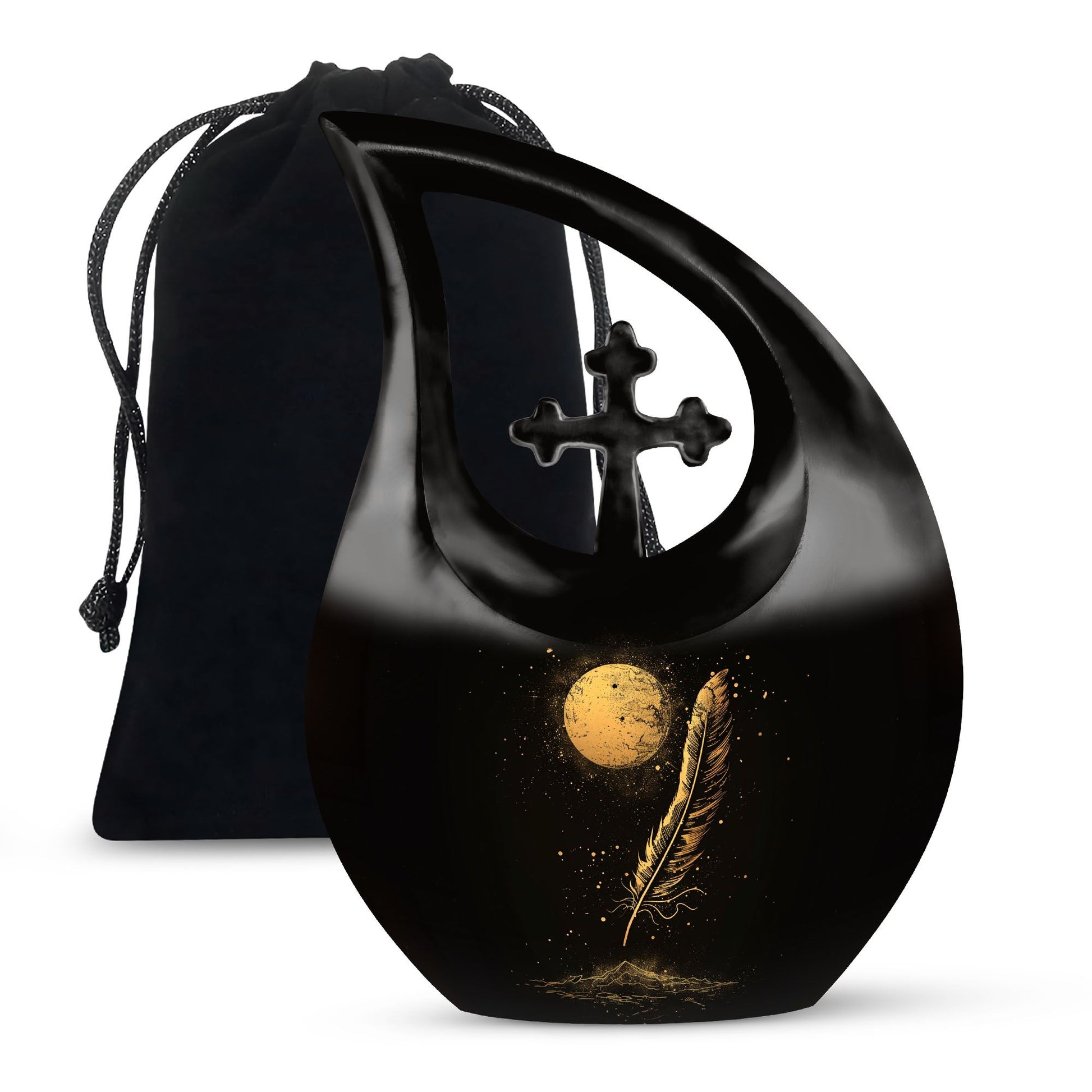 Black Moon Feather Decorative Urns - Cremation Urns For Human Ashes