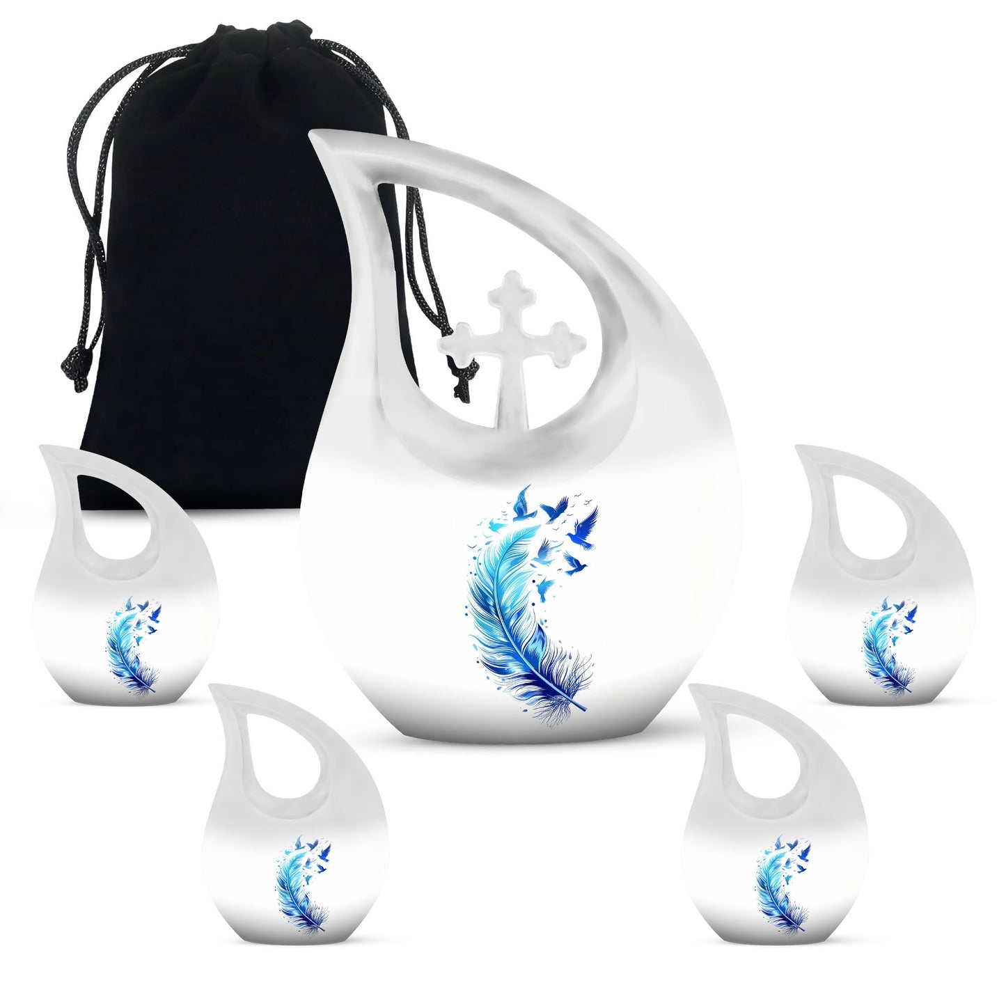 Blue Personalized Feather Cremation Urn for Women - 10-inch, 200 cu in - Yatskia