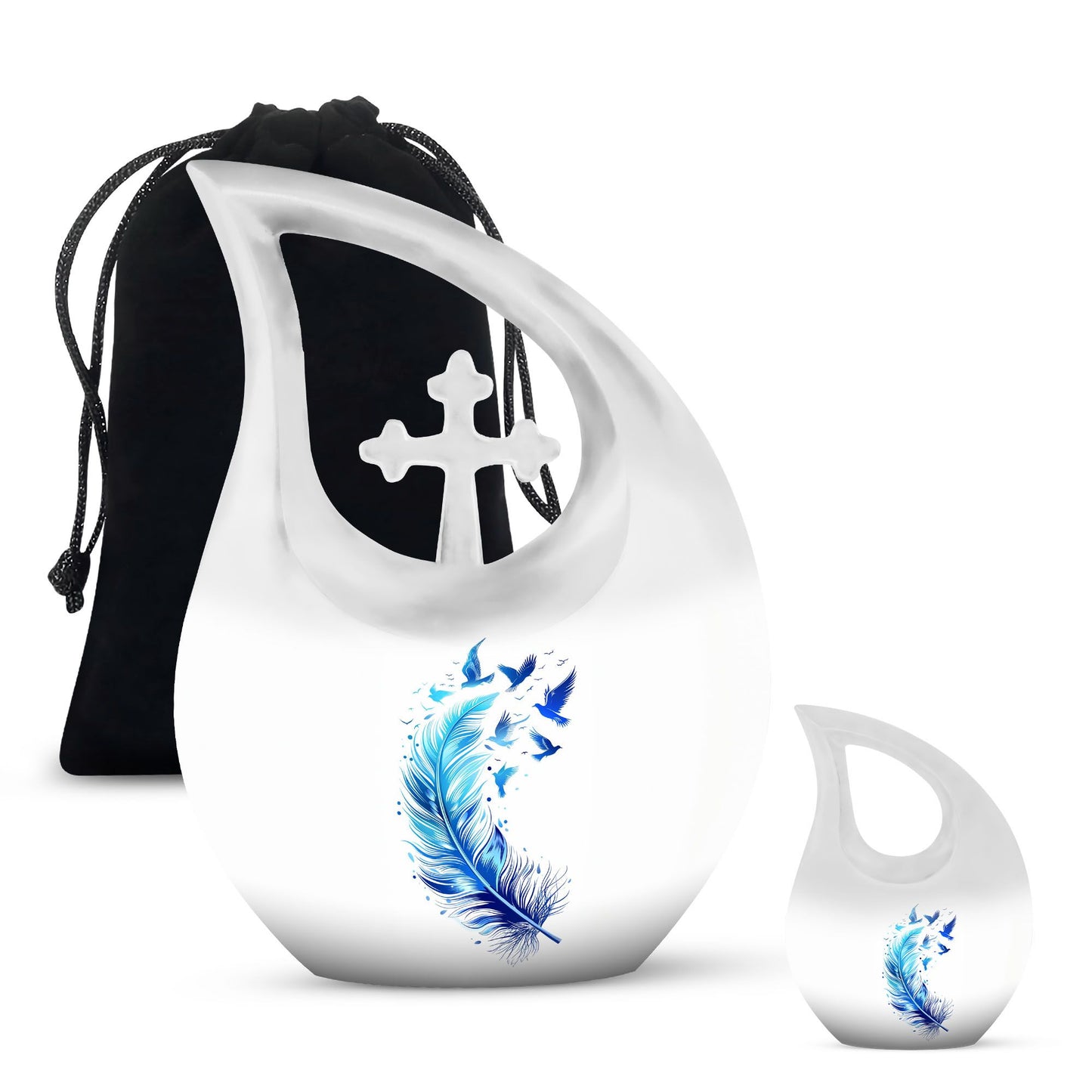 Blue Personalized Feather Cremation Urn for Women - 10-inch, 200 cu in - Yatskia