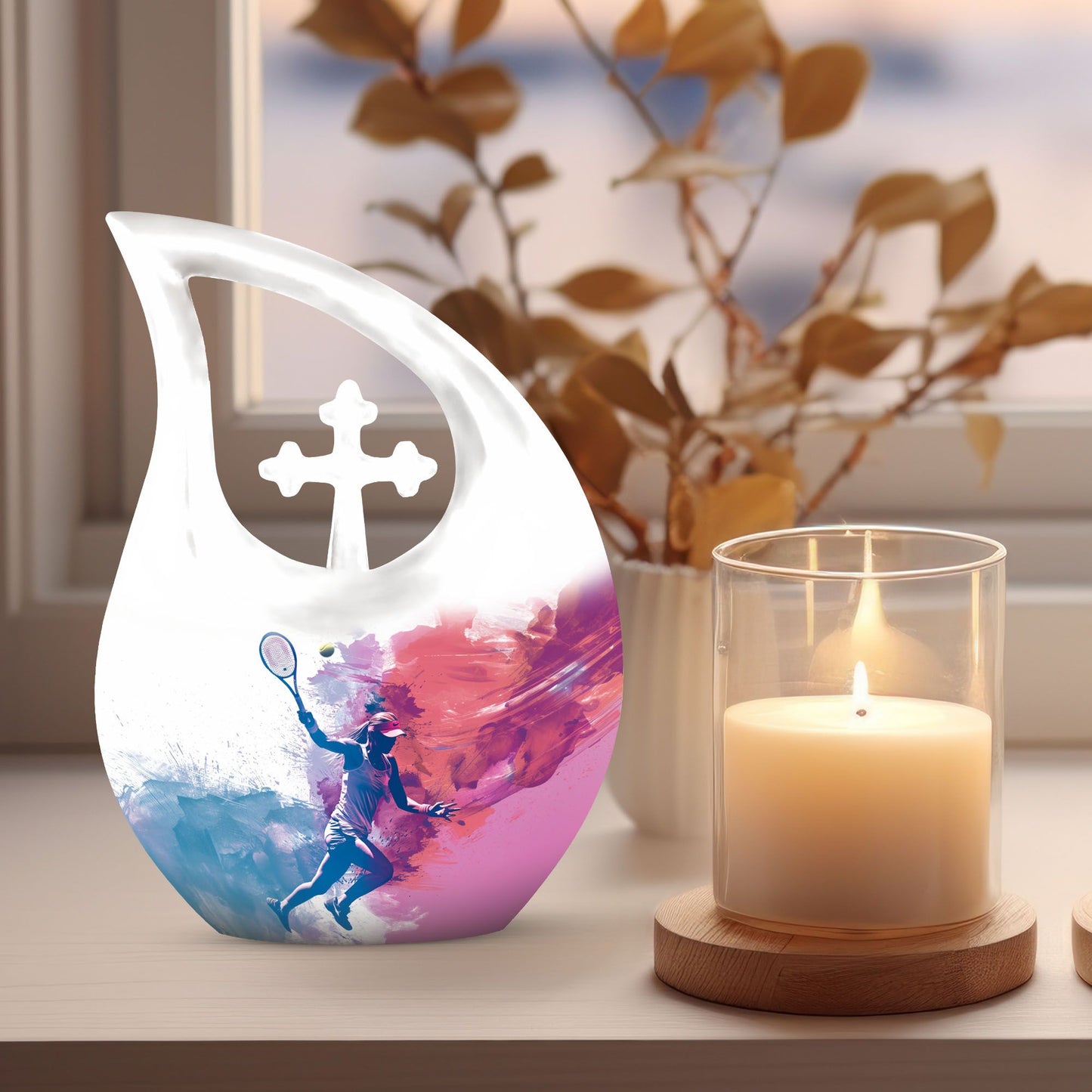 Tennis Themed Cross Drop Design Aluminium Funeral Urn