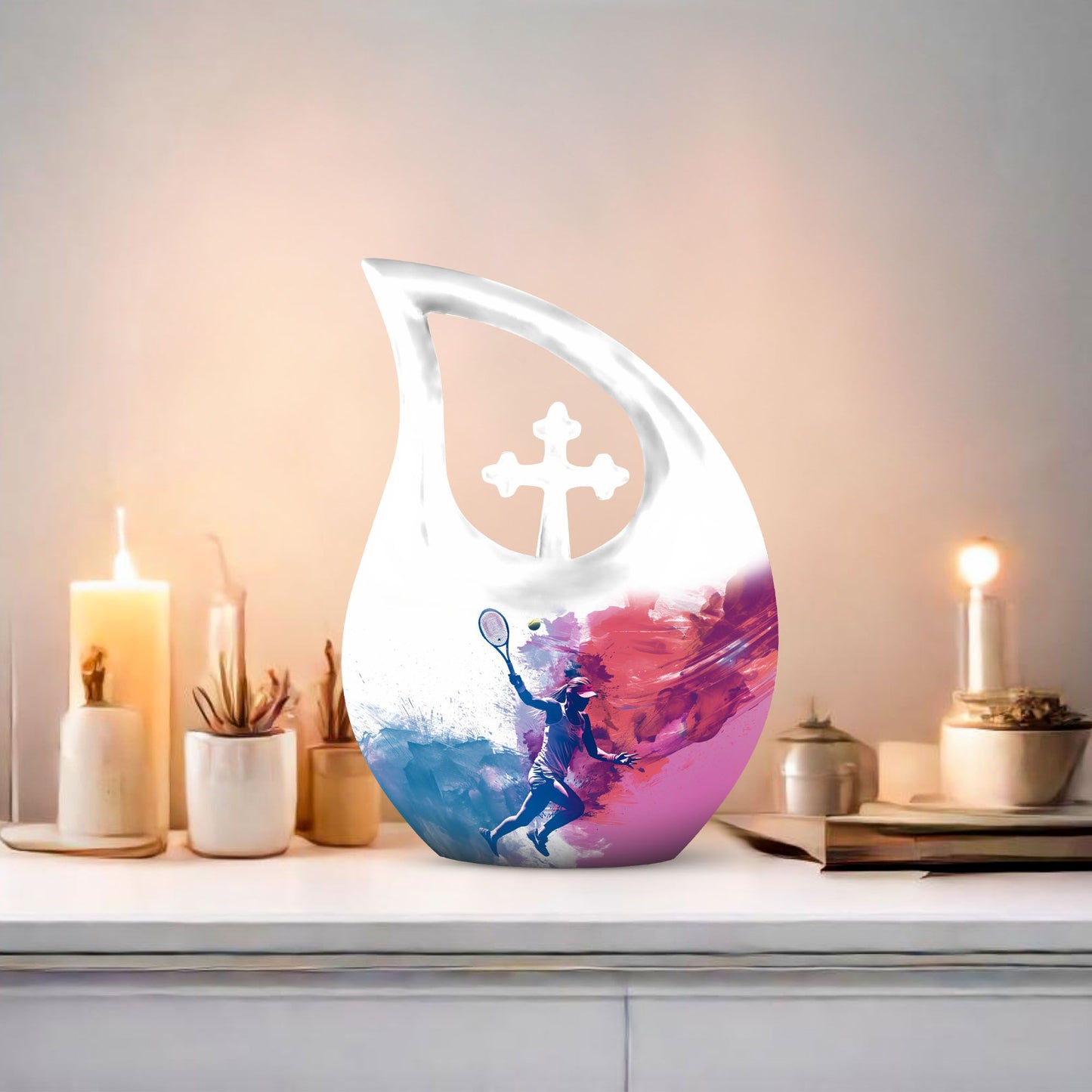Tennis Themed Cross Drop Design Aluminium Funeral Urn