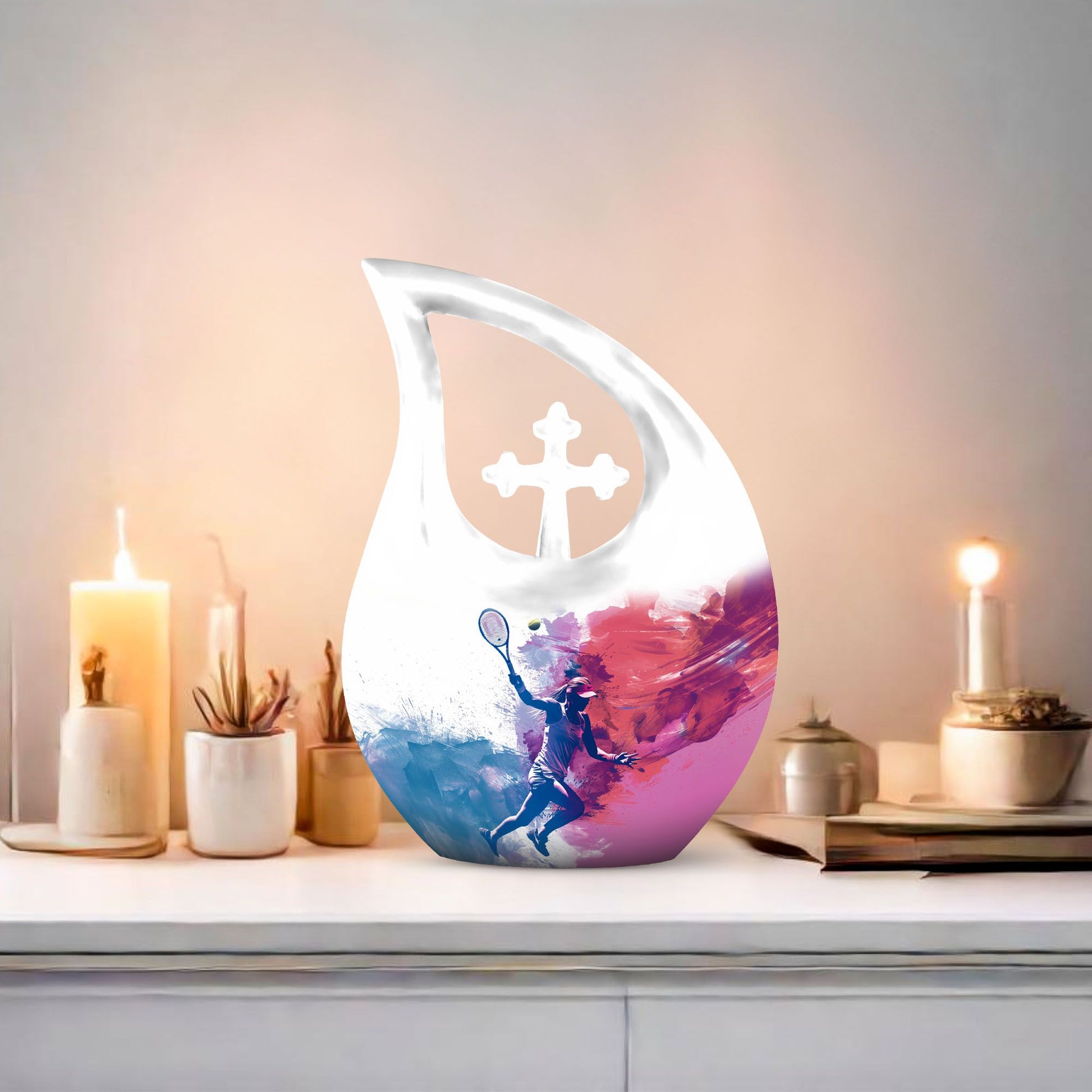 Tennis Themed Cross Drop Design Aluminium Funeral Urn