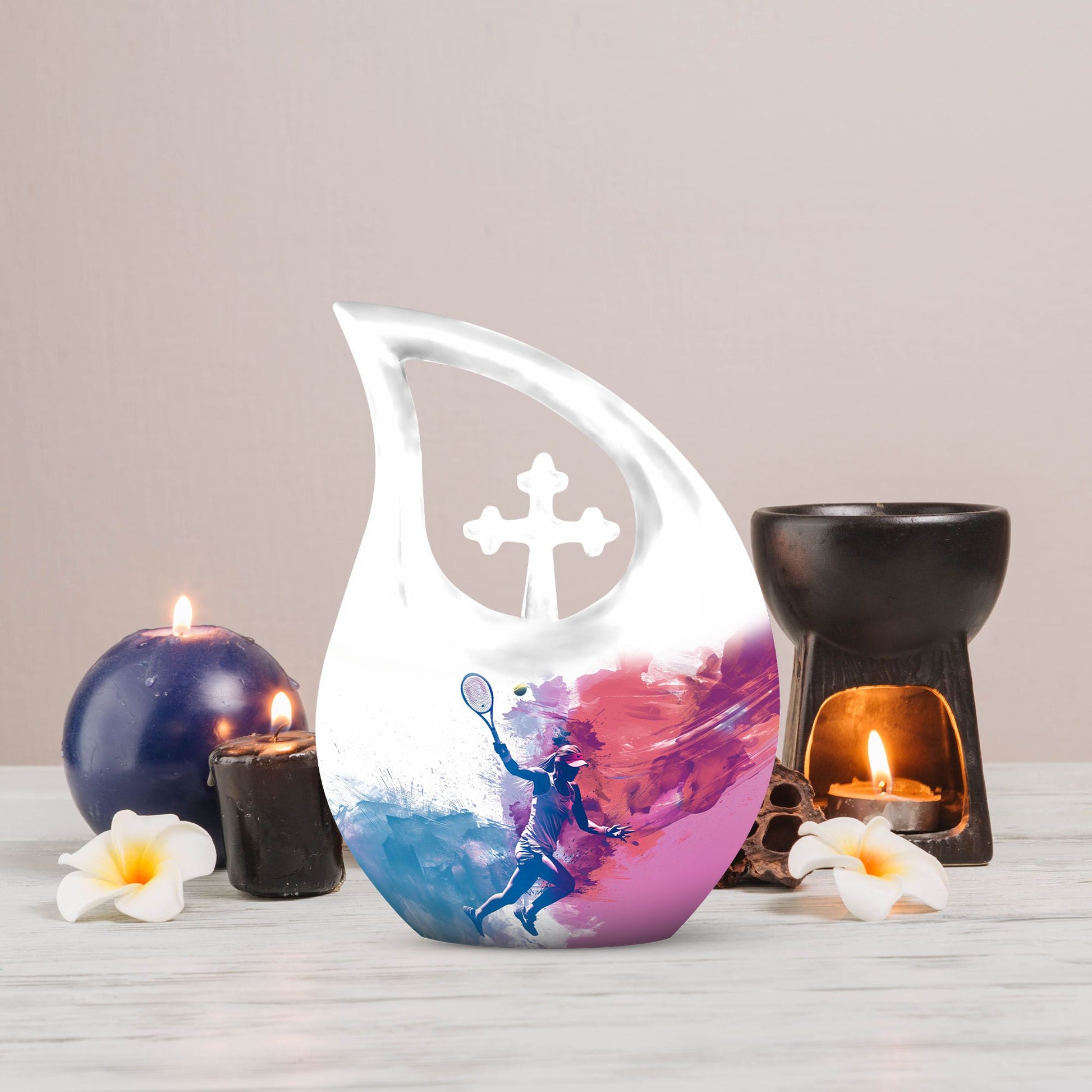 Tennis Themed Cross Drop Design Aluminium Funeral Urn