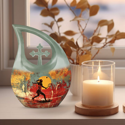 Tennis Themed Cross Drop Design Funeral Urn